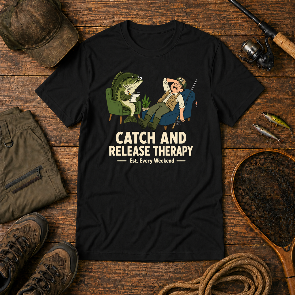 Product Title: Catch and Release Therapy — The Bite Club Fishing Tee